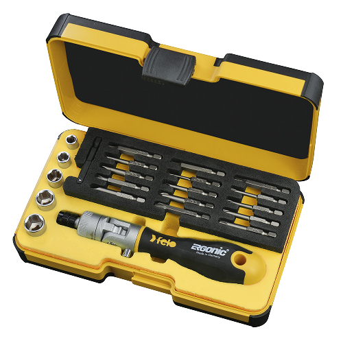 06072206 Набор бит SL/PH/PZ/Tx/HEX и головок с поворотной трещоткой Ergonic K в кейсе, 22 шт Felo